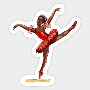 Ballet in red pointe shoes and crown - ballerina doing pirouette in red tutu and red shoes  - brown skin ballerina Sticker